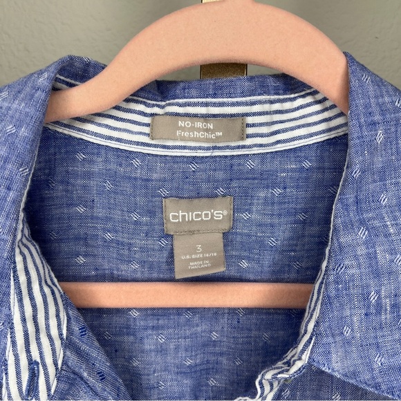 Chico’s Linen Chambray button down Blouse 3/4 Sleeve Blue XL (3) - Picture 2 of 7